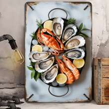 1pcs Seafood Oyster Shrimp Crab  Tin Sign Vintage Seafood Platter Metal Sign Print Suitable For Room Bathroom Cave Bar Cafe Garage Garden And Outdoor Decoration 8X12 Inch - Rust Brown - View 2