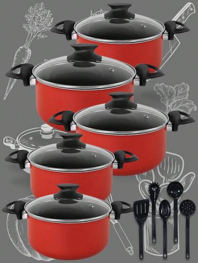 Jogo De Panelas Plus 10 Peças Caçarolas 16 a 24 cm Antiaderente com Tampa de Vidro Vermelho e Preto