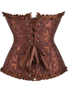 1 pieza Corset con parte superior corta de jacquard floral con volantes en el bajo y nudo en la cintura para mujer, prenda moldeadora