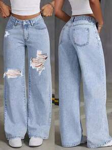 Jeans desgastados para adolescentes, pantalones vaqueros cómodos y versátiles - Azul - Ver 1