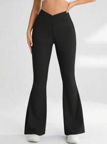 YZMJAFU 女士高腰喇叭裤，交叉弹力腰带设计，休闲百搭修身阔腿裤，弹力面料，凸显曲线，瑜伽健身紧身裤，高腰无痕提臀收腹裤，柔软面料 - 黑色 - 查看 6