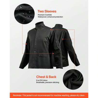 Flame-Resistant Welding Jacket - M Size, Heavy Duty Split Cowhide Leather Sleeve + 9 Oz. FR Cotton Body, Heat-Resistant Welding Jacket With Snap Buttons & Pockets, Ideal For Welder Fitter