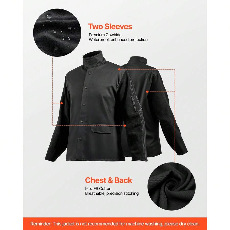 Flame-Resistant Welding Jacket - M Size, Heavy Duty Split Cowhide Leather Sleeve + 9 Oz. FR Cotton Body, Heat-Resistant Welding Jacket With Snap Buttons & Pockets, Ideal For Welder Fitter - màu đen - Xem 1