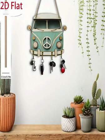 2D plano, 1 llavero de autobús vintage con cuatro ganchos de metal - Decoración de pared de madera colorida, adecuada para el hogar, el porche, la villa - Uso en interiores/exteriores durante todo el año, sin electricidad requerida, decoración de autobús, 2D plano