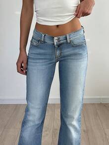 跨境女装四季复古气质宽腰头排扣修身低腰水洗紧身牛仔裤休闲辣妹简约百搭女牛仔裤 - 中等水洗藍 - 查看 6