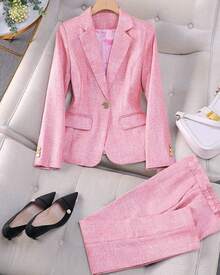 Single-Breasted Suit With A Pure Color, A Shawl Collar, Long Sleeves, And A Two-Piece Suit With Trousers - 粉色 - 查看 1