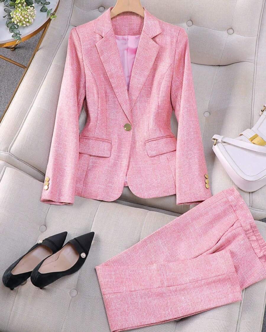 Single-Breasted Suit With A Pure Color, A Shawl Collar, Long Sleeves, And A Two-Piece Suit With Trousers - 粉色 - 查看 1