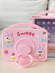 حافظة واقية من السيليكون بتصميم أرنب وردي قابلة للدوران 360 درجة مقاومة للصدمات