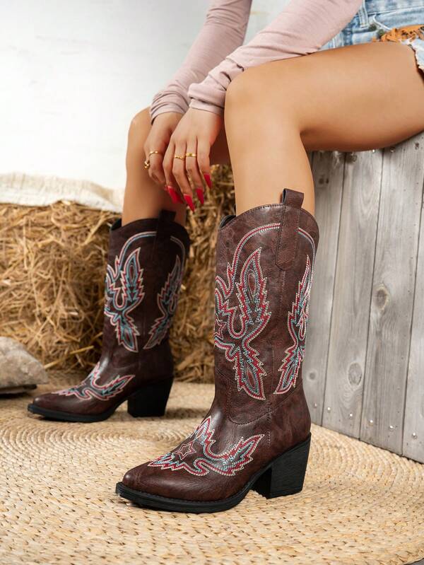 Women's New Embroidered Cowboy Boots, Brown, Chunky Heel, Pointed Toe, Tall Shaft, Retro Western Style