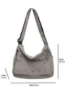 1pc Vintage Minimalist Flap Shoulder Bag, Thick Washed Canvas Casual Messenger Bag, Large Capacity American College Style Satchel Bag, Suitable For School, Travel, Streetwear - Grey - View 4