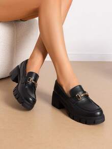 Women Loafers Platform 2.17-Inch Chunky Heel Loafers Pumps Slip-On Comfortable Casual Commute Office Dressy Shoes - 黑色 - 查看 1