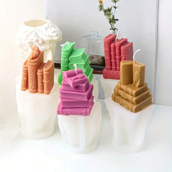 1pc Realistic Stacked Book Mold - High Quality Silicone Candle, Wax, Plaster & Resin Mold - Open Book Design, Suitable For DIY Crafts, Literary Home Decor, Birthday/Office Decoration - Easy Demold Material, Durable Creative Tool, Essential For Handicraft Enthusiasts
