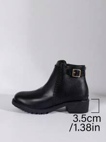 Women's Autumn/Winter Leather Front Zipper Fashion Belt Buckle Thick Heel Round Toe Boots, Breathable Fabric Lining, Flat Comfortable For Long-Time Wear, Versatile For Daily, Party, Travel, Retro British Style