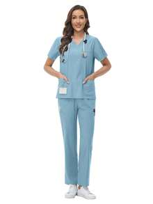 女士透气柔软短袖上衣直筒裤套装，适用于美容美甲师、护士等春季穿着，适合美容院、美甲师等工作场合。 - 淺藍色 - 查看 2