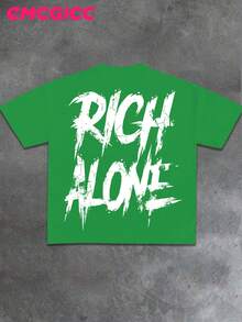 EMCGICC Y2k Men Rich Alone Street Outdoor Life Hip-Hop Style Round Neck Short Sleeved Casual T-Shirt, Comfortable And Breathable Summer Clothes - 綠色 - 查看 3