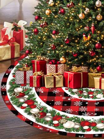 1 pieza Falda para árbol de Navidad, opciones de diámetro de 60/90 cm, diseño a cuadros rojos y negros con adornos de copos de nieve y perlas, decoración de árbol de Navidad, Feliz Navidad