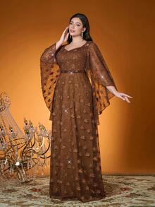 Thiết kế có túi, Hàng mới về, Cổ chữ V, Thanh lịch & Duyên dáng, Đầm dạ hội cỡ lớn, Thêu tinh tế, Thắt lưng, Tay áo bồng bềnh, Đầm dài dự tiệc - Cà phê nâu - Xem 4