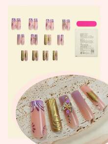 24 uñas postizas rectangulares largas con forma de tubería de agua, con patrones de mariposa y flor estampados en dorado metálico - combinación de colores de contraste brillante, adecuadas para mujeres y niñas, para fiestas, bailes de graduación o uso diario. El set incluye 1 tubo de gel y 1 lima de uñas. Uñas acrílicas de cromo dorado - Multicolor - Ver 2