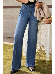 EVALESS Womens Jeans High Waist Straight Leg Wide Leg Frayed Baggy Hem Boyfriends Stretchy Pants