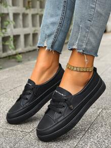 Plus Size Women White Sneakers, Fashion Black Flat Shoes, Casual Lace-Up Athletic Shoes For Students - Black - View 4