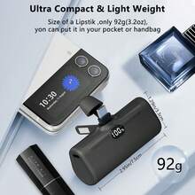 Compatible With IP 17/16/15, Small USB C Portable Charger, 5000mAh Ultra Compact Mini Power Bank Built-In Phone Stand And LED Light, PD15W LCD Display Battery Pack For Travel, Compatible With IP 17/16/15,And Type-C Android Phones - Black - View 2