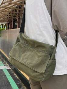 1pc Vintage Minimalist Flap Shoulder Bag, Thick Washed Canvas Casual Messenger Bag, Large Capacity, American College Style, Suitable For School, Short Trip, Simple Street Bag - Dark Green - View 9