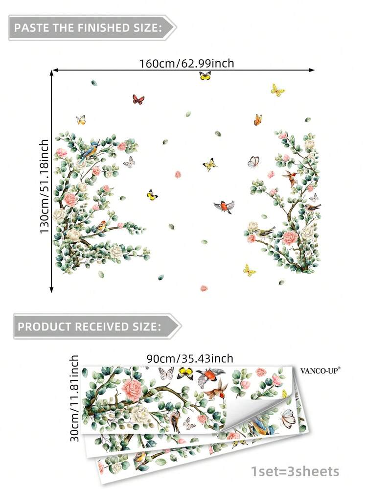 1 套 2 件树枝和鸟与花朵图案墙贴，适用于客厅、卧室家居装饰自粘式、贴纸、墙贴花、乙烯基贴花，用于家居装饰、春季装饰品让您的家焕然一新、拉玛装饰贴纸礼物生日毕业 - 彩色 - 查看 14