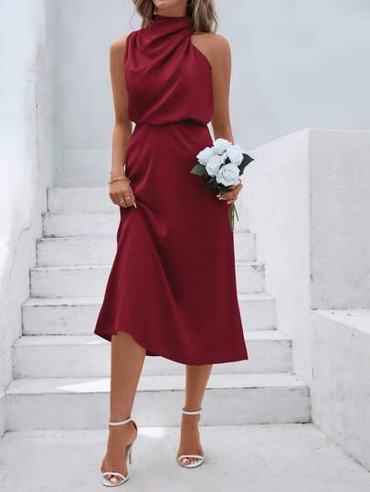 Bästsäljande europeisk och amerikansk mode Damklänning i satin med ärmlös kant i vinröd, elegant och mångsidig design, aftonklänning