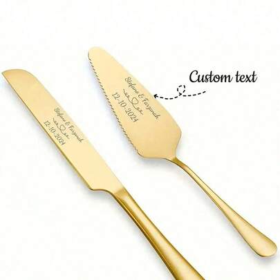 2pcs Customized Wedding Cake Knife Set, Personalized Name/Date Wedding Cake Knife And Fork Set, Customized Cake Cutting Tool, Customized Cake Server, Pizza Shovel, Wedding Dinnerware, Suitable For Wedding, Birthday, Party, Valentine's Day, Anniversary Gifts, 2pcs Gift Box, Gold Or Silver Available, Suitable For Her, Bestie, Couple, Wife, Bride, Groom