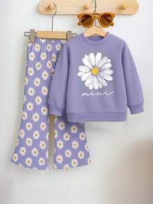 Conjunto floral para niños pequeños, sudadera de cuello redondo de manga larga color morado + pantalones acampanados, adecuado para primavera/otoño - Púrpura malva - Ver 1