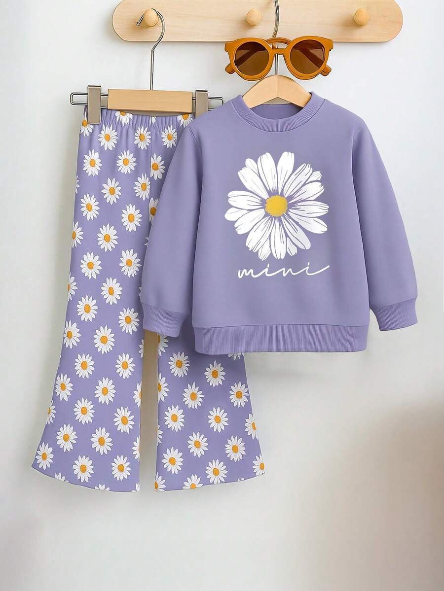 Conjunto floral para niños pequeños, sudadera de cuello redondo de manga larga color morado + pantalones acampanados, adecuado para primavera/otoño - Púrpura malva - Ver 1