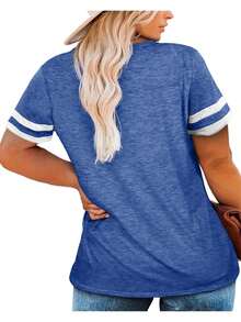 haochu Plus Size Women Clothes V-Neck Striped Loose-Fitting Casual T-Shirt - Màu xanh lam - Xem 2