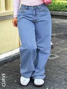 Large Size Women's Simple Casual Loose Straight Tube Y2K Pocket Bow Embroidery Washed Denim Pants - Rửa nhẹ - Xem 4