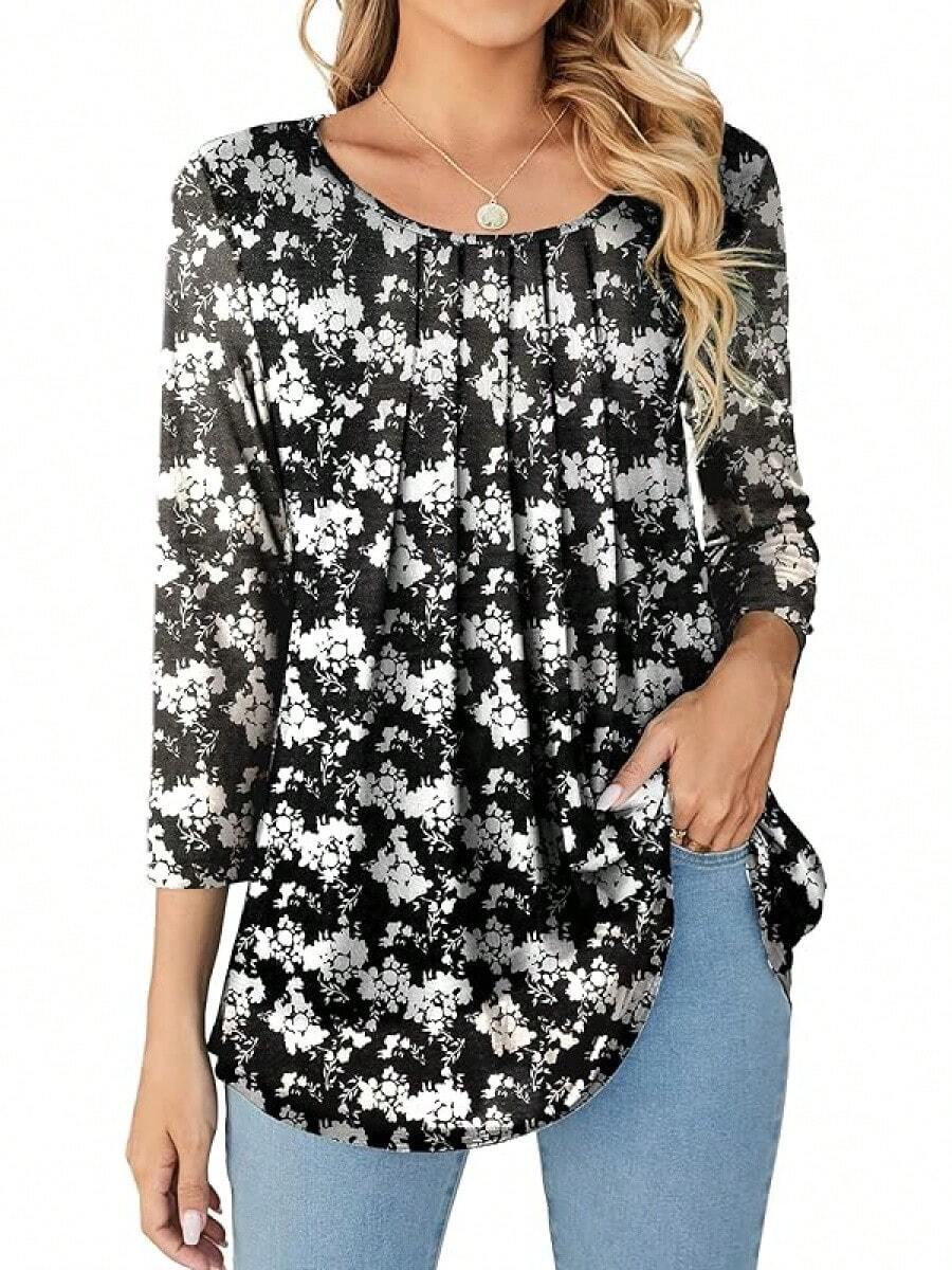 Womens 3/4 Sleeve Pleated Round Neck Blouses Dressy Casual Fall Mesh Tops Women 2025