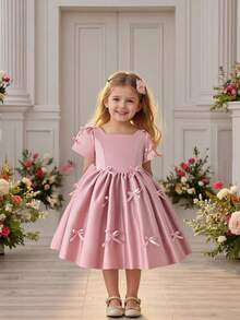 Girls' Satin Bow Decor Dress, Elegant Flower Girl Dress For Wedding, Pageant, Performance