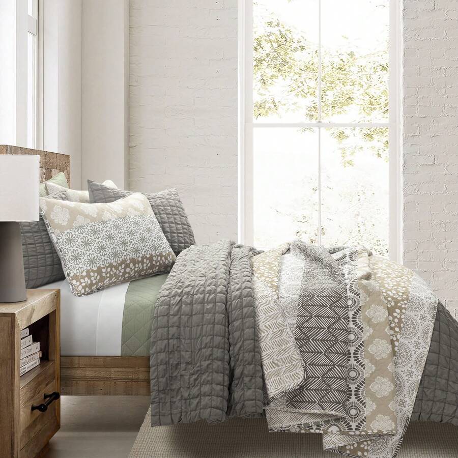 Lush Decor Bohemian Stripe Reversible Cotton Quilt Set, 3 Piece Set, Full/ Queen, Neutral & Multi - Striped Bedding Set - Brown Quilts Queen Size - Boho Decor - Neutral/Multi - View 1