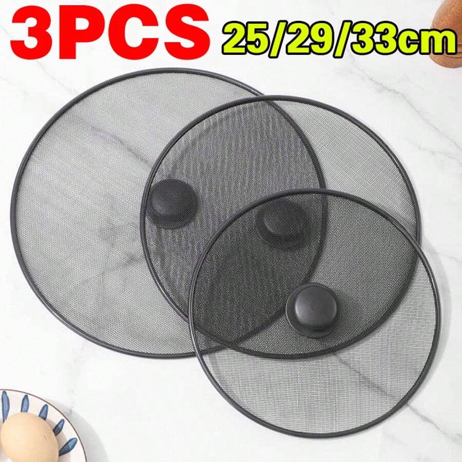 3X Frying Pan Cover Anti Splash Guard Cooking Oil Splatter Screen Kitchen Mesh - Black - View 1