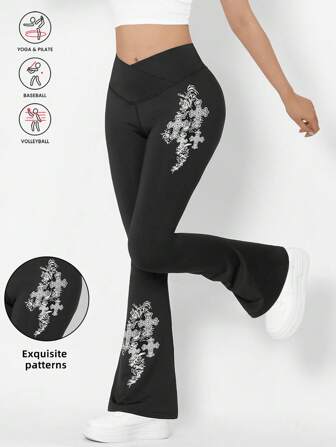 Rugyxye Cross Print Pattern High Waist Flared Pants Daily Fitness Sports Leggings, Women Butt Lifting Yoga Leggings,Women'S High-Waisted Cross Design Flared Leggings Suitable Tights