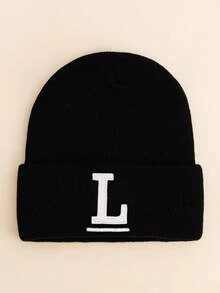 1pc Kids Black Uppercase Letter Embroidered Beanie, Minimalist Solid Color Soft Warm Fashion Accessory Knit Hat, Suitable For Boys & Girls In Autumn & Winter