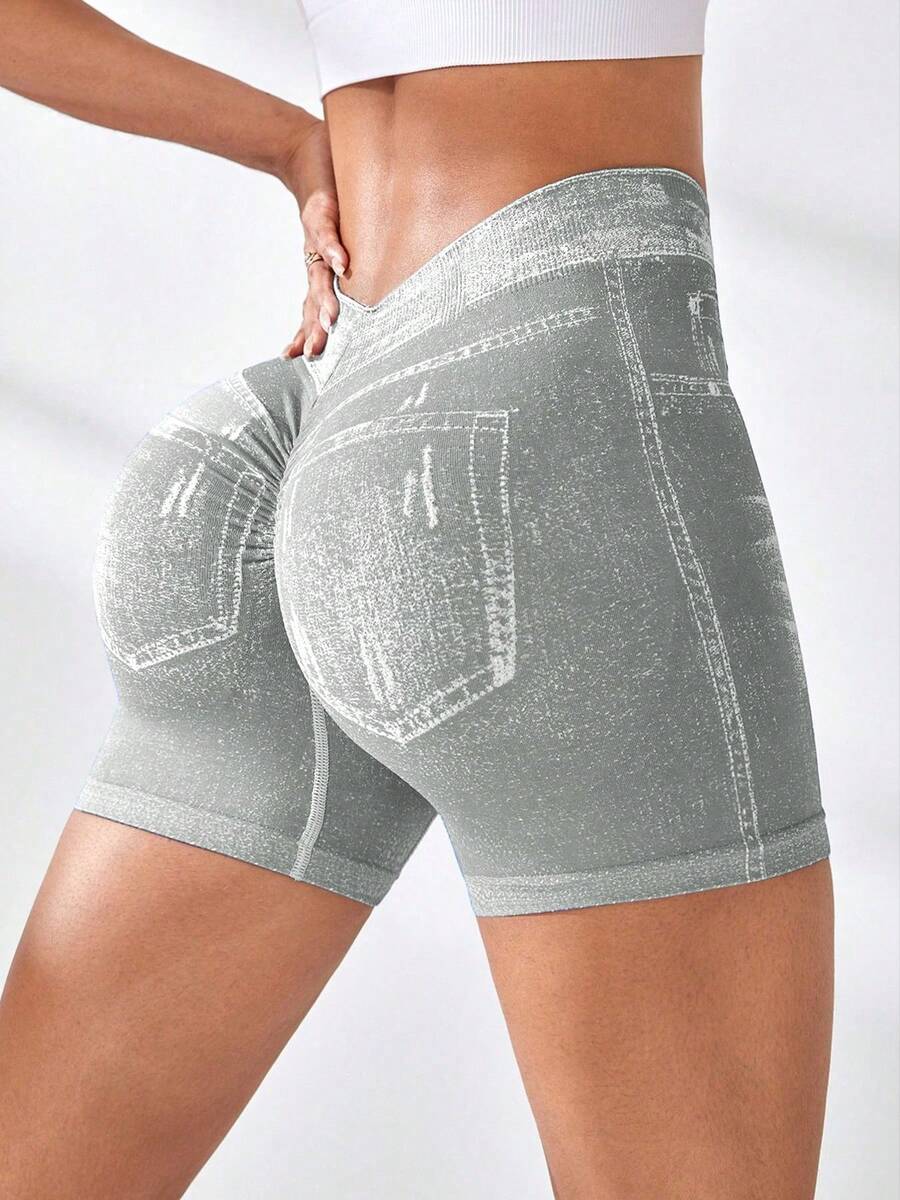 Women's V Back Workout Shorts, Denim Print High Waisted Shorts Stretchy Scrunch Slim Fit Yoga Biker Jegging Butt Lifting Sports Fitness Yoga Pants - 淺灰色 - 查看 1