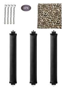 8 Peças Conjunto de Rolos de Cabelo sem Calor com Lenço e Grampos, Conjunto de Cachos de Cabelo sem Calor para Dormir, Varas de Cetim Marrom Grandes para Cachos de Sopro, Enroladores de Cabelo e Rolos Quentes, Ferramentas de Estilização sem Calor com Faixa para Cabelo Longo para Dormir, Enchimento de Borracha de Alta Resiliência, Mais Macio e Durável (Preto+Onça)