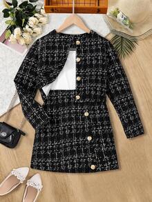 TweenGir 青少年都市时尚长袖外套修身半身裙三件套 12 岁 - 黑色 - 查看 3