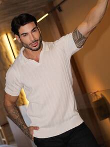 Men's Chic Lightweight Textured Knit Sweater Shirt, High Quality, Perfect For Autumn And Winter, Father's Day. - White - View 2