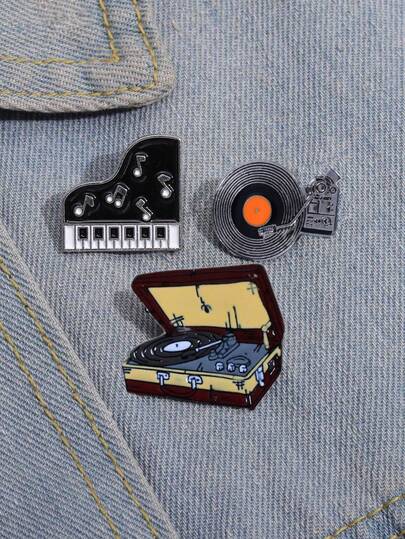 3件套创意新音乐系列徽章套装卡通唱片机钢琴合金胸针收音机留声机唱片钢琴形状徽章