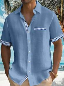 Men's Casual Plaid Texture Print Button Pocket Short Sleeve Shirt - Baby Blue - View 1
