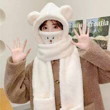 四合一冬季保暖熊手套、围巾、帽子和口罩套装，寒冷天气外出必备，可爱熊耳连帽毛绒围巾，女士情人节礼物