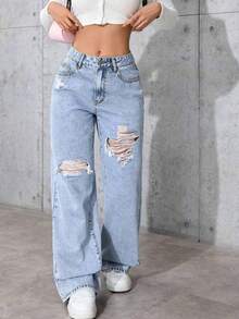 Jeans desgastados para adolescentes, pantalones vaqueros cómodos y versátiles - Azul - Ver 3