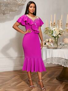 Women Pearl Beaded Ruffled Mermaid Party Dress Evening Bodycon Midi Dresses,Outfit For Date,Party,Wedding Dress,Bridesmaid Dress,Graduation Dress,Wedding Guest,Back To School