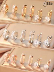 Hihho 6 件/套方晶锆石镶嵌圆形耳环，经典锆石耳环耀眼的 U 形耳环，精美女士珠宝派对礼物 - 圈式耳環 - 查看 1
