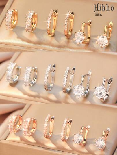 Hihho 6 件/套方晶锆石镶嵌圆形耳环，经典锆石耳环耀眼的 U 形耳环，精美女士珠宝派对礼物